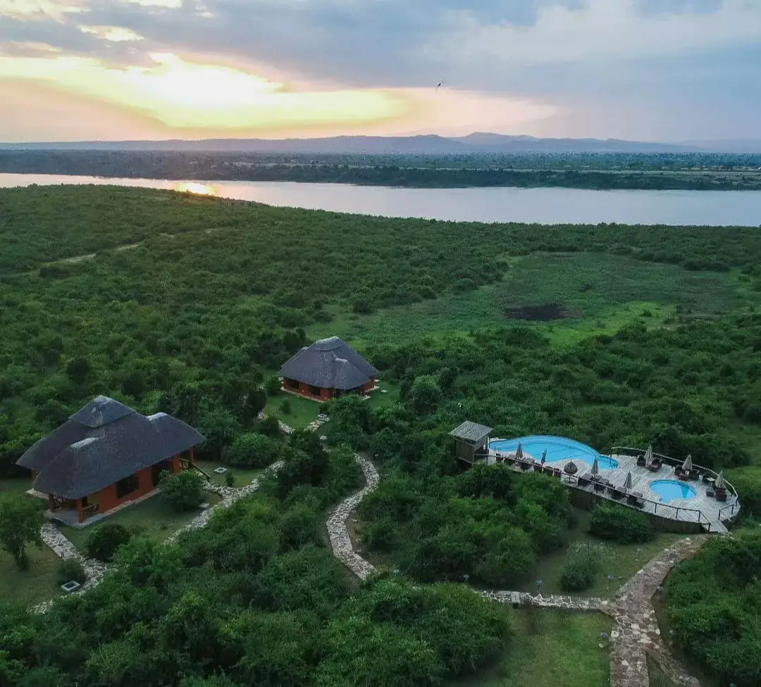 Aerial view of a private Uganda lodge in a wilderness setting