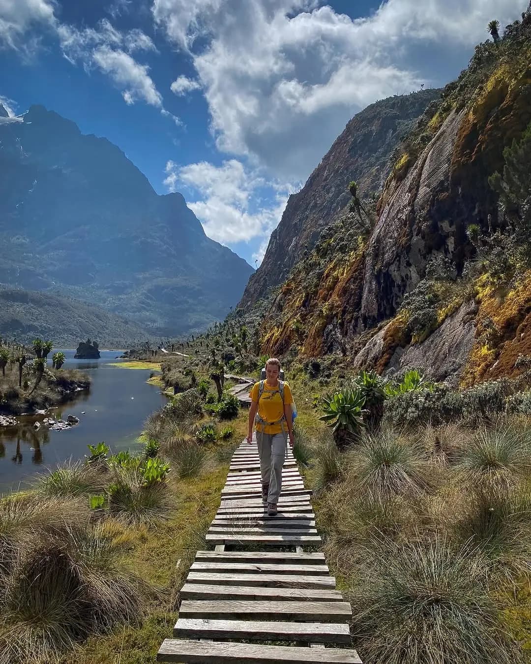 Hiker standing near a Rwenzori alpine lake valley